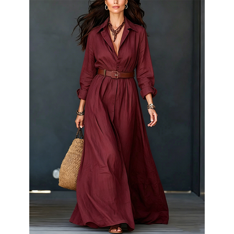 ✨👗Vestido maxi feminino de manga comprida com cinto e gola clássica virada para baixo — vestido longo para férias e resorts