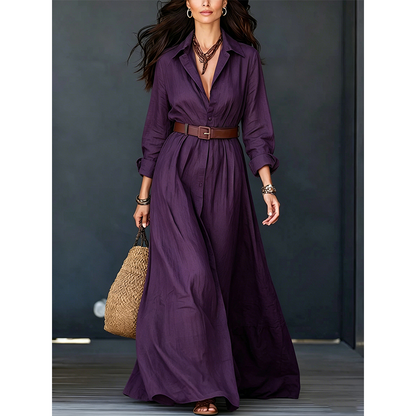 ✨👗Vestido maxi feminino de manga comprida com cinto e gola clássica virada para baixo — vestido longo para férias e resorts
