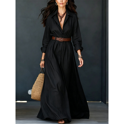 ✨👗Vestido maxi feminino de manga comprida com cinto e gola clássica virada para baixo — vestido longo para férias e resorts