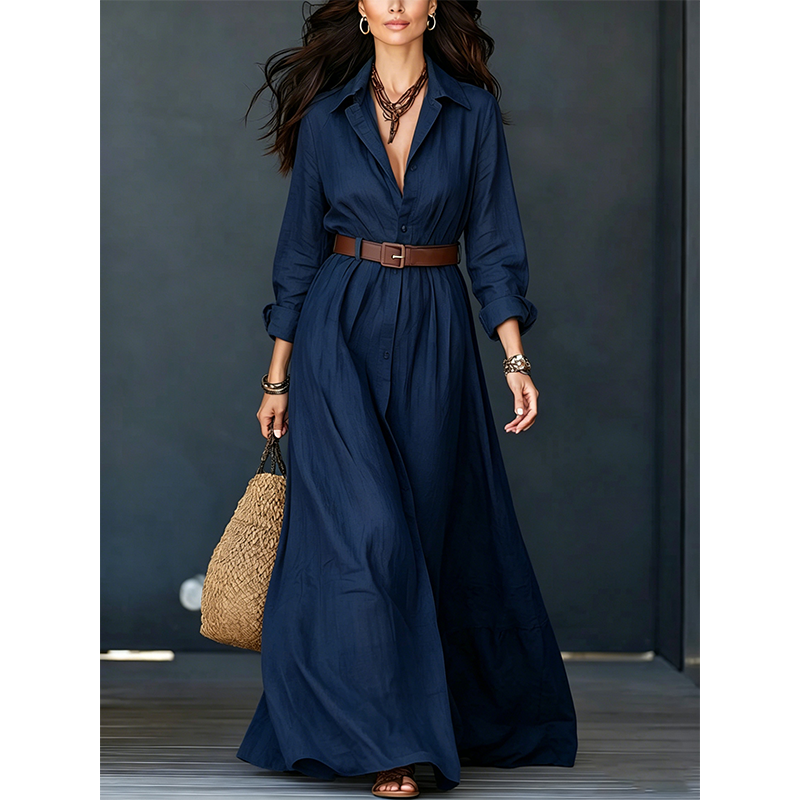 ✨👗Vestido maxi feminino de manga comprida com cinto e gola clássica virada para baixo — vestido longo para férias e resorts