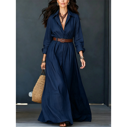✨👗Vestido maxi feminino de manga comprida com cinto e gola clássica virada para baixo — vestido longo para férias e resorts
