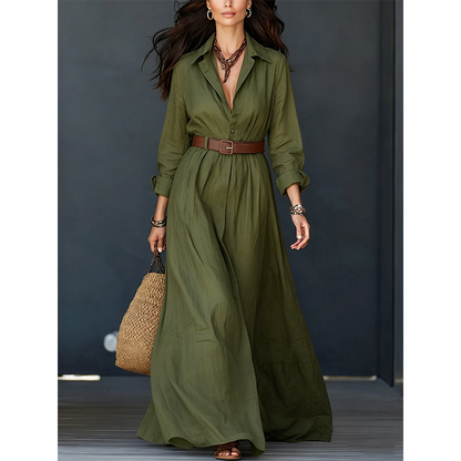 ✨👗Vestido maxi feminino de manga comprida com cinto e gola clássica virada para baixo — vestido longo para férias e resorts
