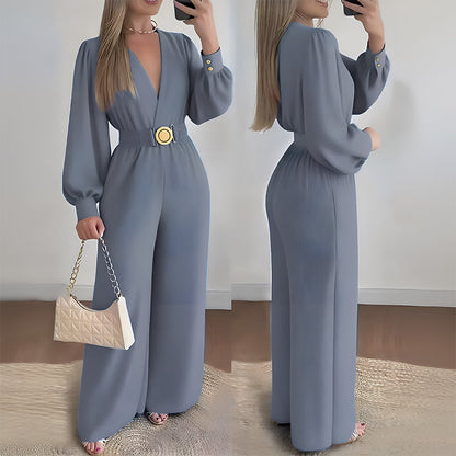✨👗Macacão elegante com decote em V, pernas largas e cinto