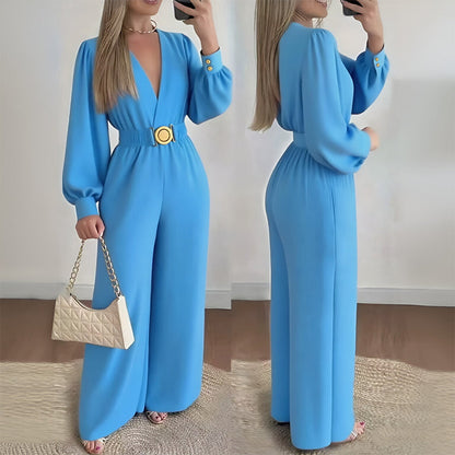 ✨👗Macacão elegante com decote em V, pernas largas e cinto
