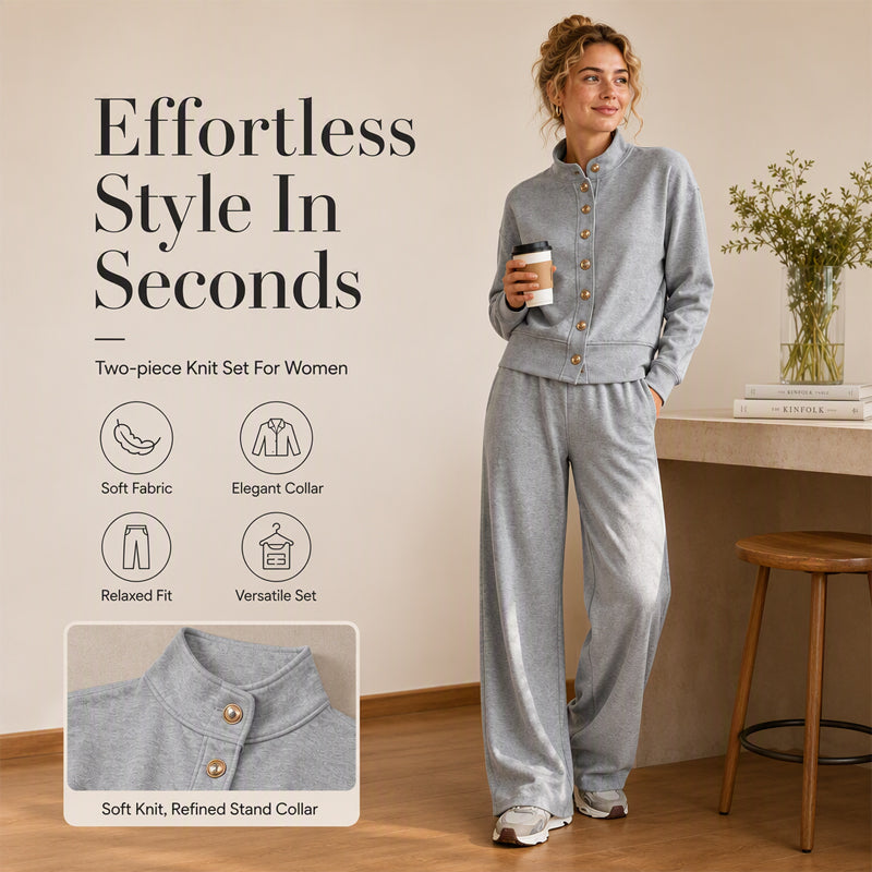 ✨👗Conjunto de casaco de malha com botões e calças largas para mulher