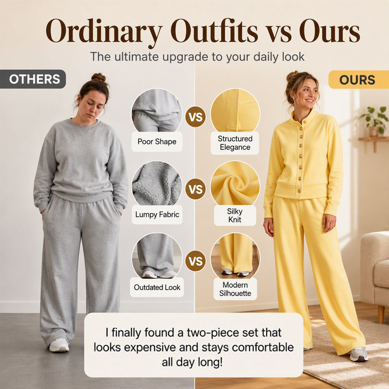 ✨👗Conjunto de casaco de malha com botões e calças largas para mulher