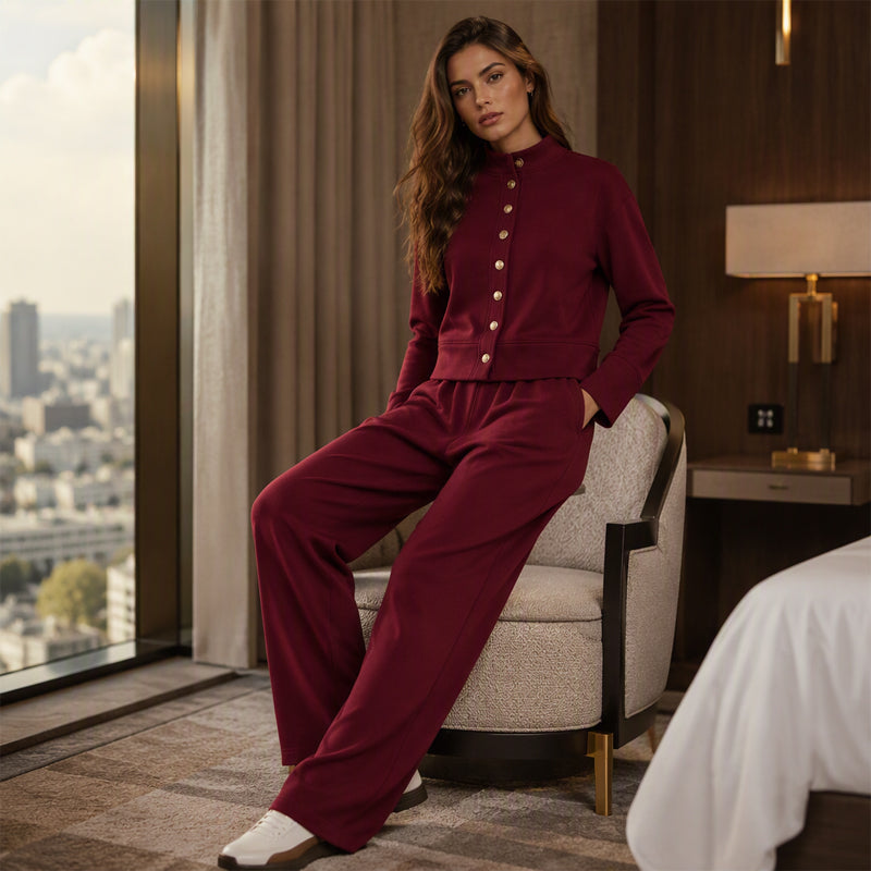 ✨👗Conjunto de casaco de malha com botões e calças largas para mulher