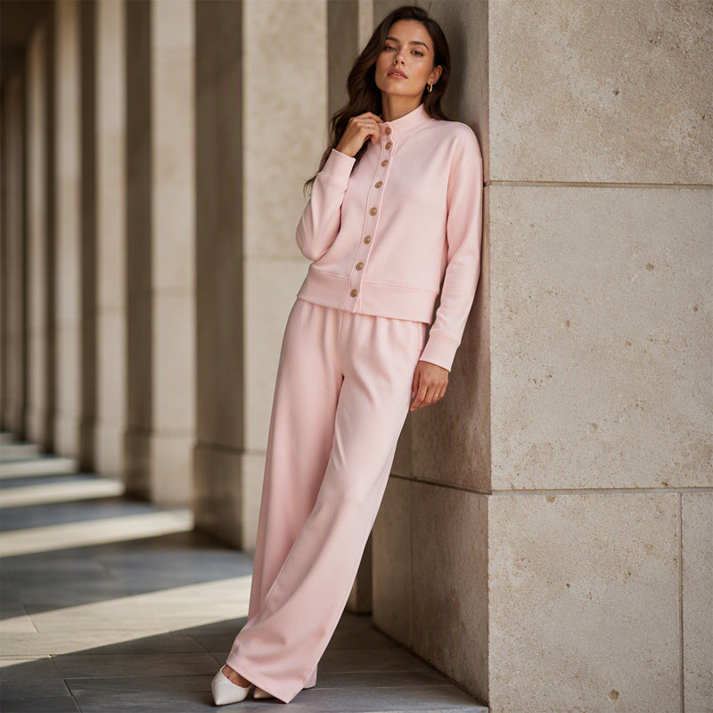 ✨👗Conjunto de casaco de malha com botões e calças largas para mulher