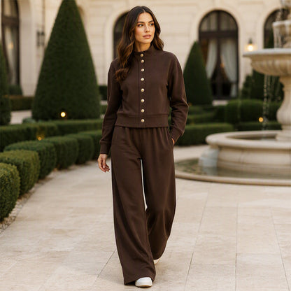 ✨👗Conjunto de casaco de malha com botões e calças largas para mulher