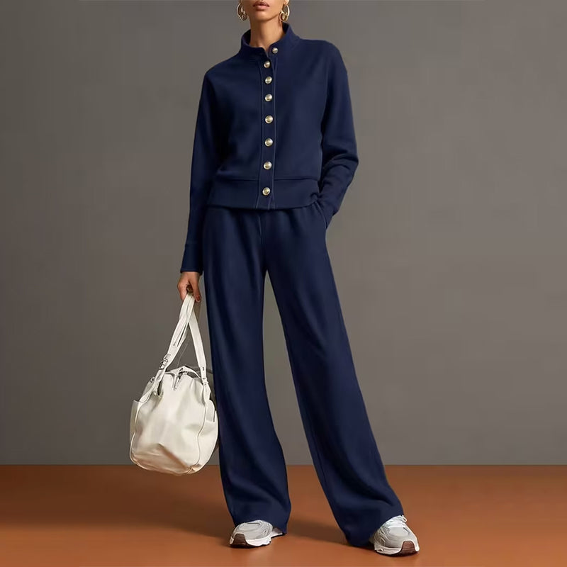 ✨👗Conjunto de casaco de malha com botões e calças largas para mulher