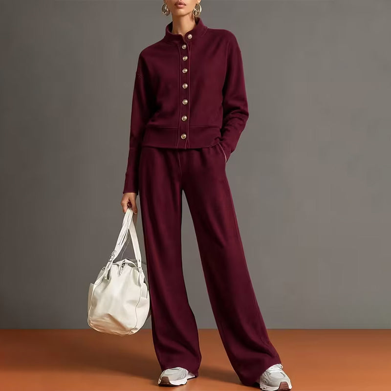 ✨👗Conjunto de casaco de malha com botões e calças largas para mulher