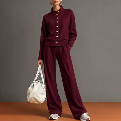 ✨👗Conjunto de casaco de malha com botões e calças largas para mulher