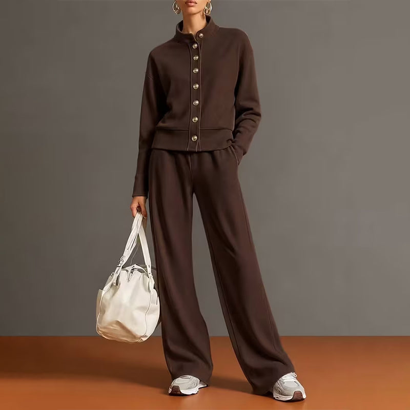✨👗Conjunto de casaco de malha com botões e calças largas para mulher