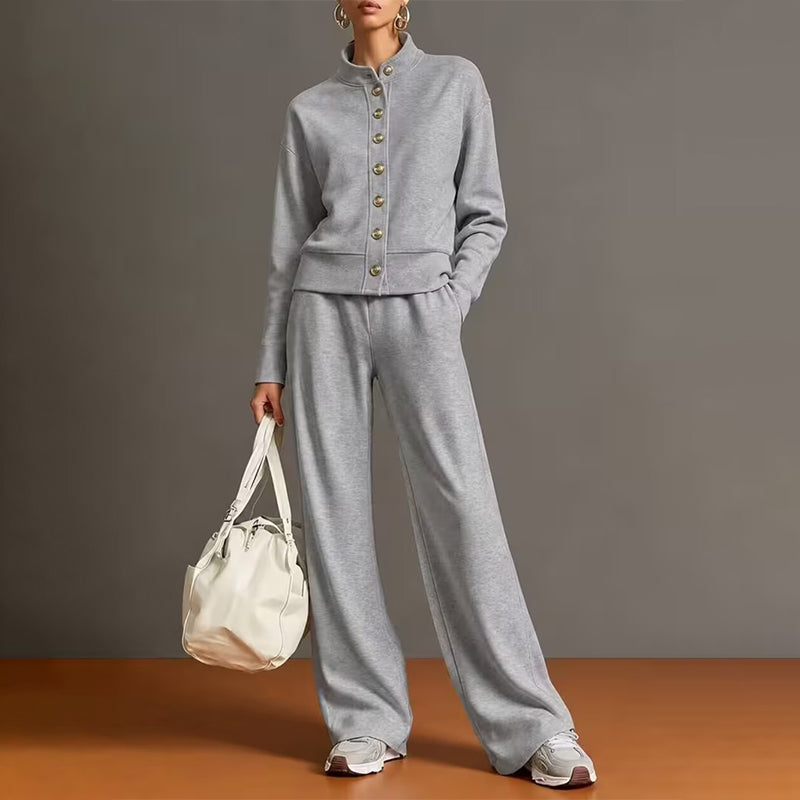 ✨👗Conjunto de casaco de malha com botões e calças largas para mulher