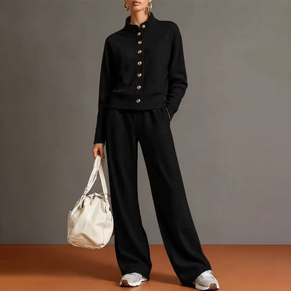 ✨👗Conjunto de casaco de malha com botões e calças largas para mulher