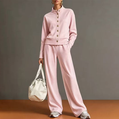 ✨👗Conjunto de casaco de malha com botões e calças largas para mulher