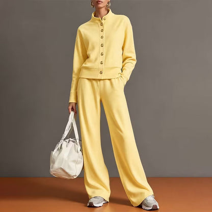 ✨👗Conjunto de casaco de malha com botões e calças largas para mulher