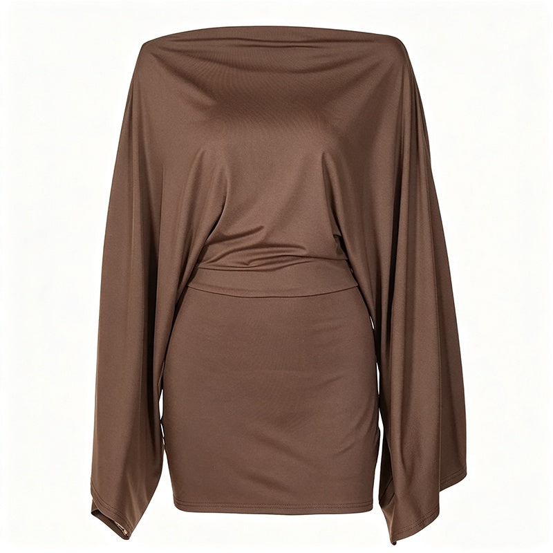 ✨👗Vestido justo feminino com ombros à mostra e mangas em forma de asa de morcego