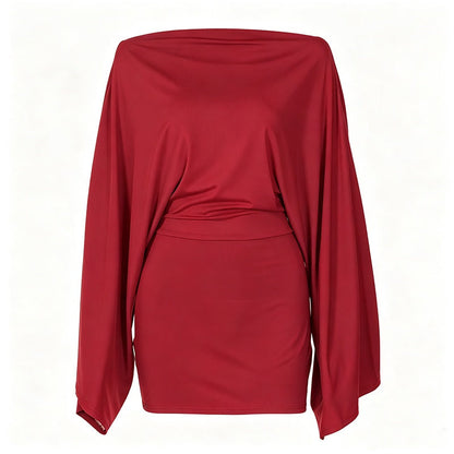 ✨👗Vestido justo feminino com ombros à mostra e mangas em forma de asa de morcego