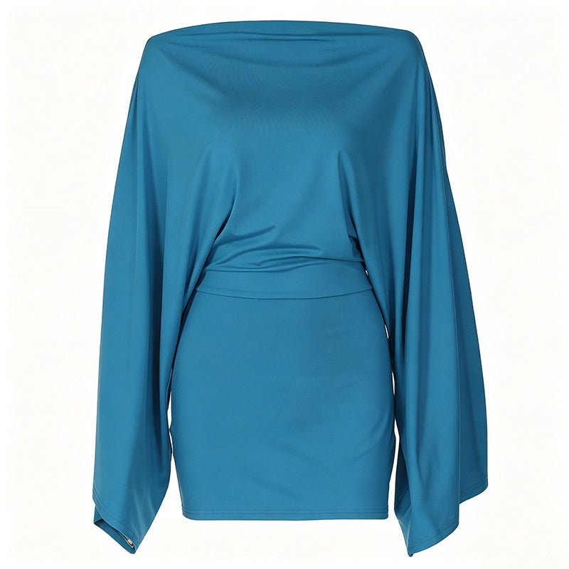 ✨👗Vestido justo feminino com ombros à mostra e mangas em forma de asa de morcego