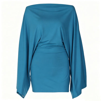 ✨👗Vestido justo feminino com ombros à mostra e mangas em forma de asa de morcego
