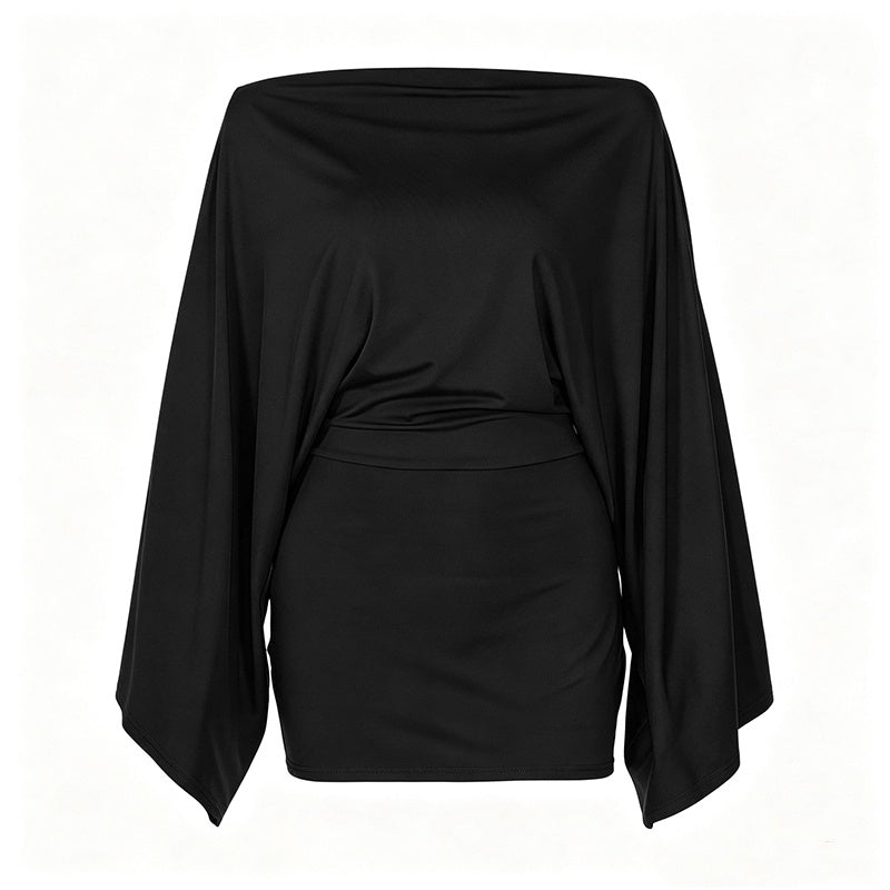 ✨👗Vestido justo feminino com ombros à mostra e mangas em forma de asa de morcego