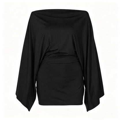 ✨👗Vestido justo feminino com ombros à mostra e mangas em forma de asa de morcego