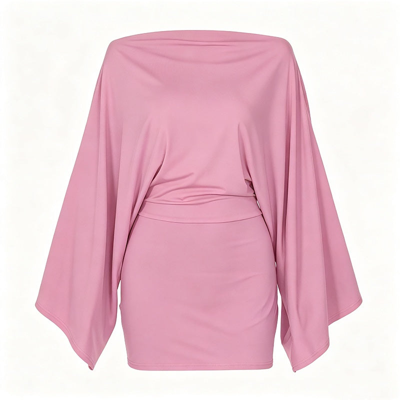 ✨👗Vestido justo feminino com ombros à mostra e mangas em forma de asa de morcego