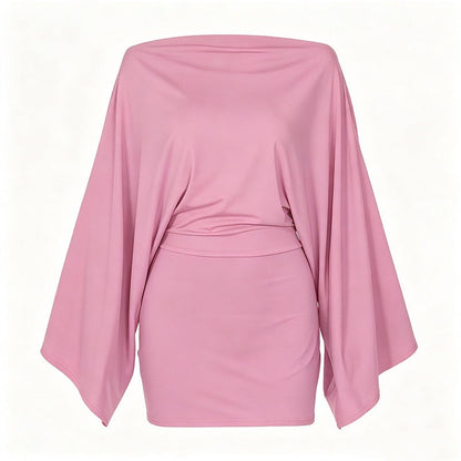 ✨👗Vestido justo feminino com ombros à mostra e mangas em forma de asa de morcego
