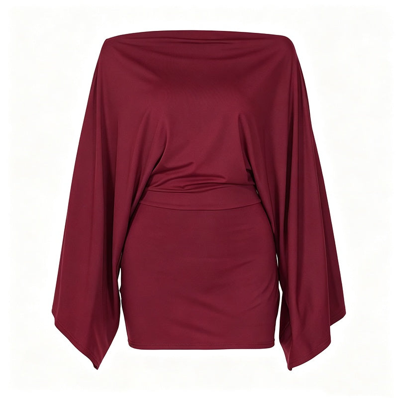 ✨👗Vestido justo feminino com ombros à mostra e mangas em forma de asa de morcego