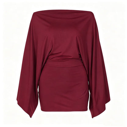 ✨👗Vestido justo feminino com ombros à mostra e mangas em forma de asa de morcego