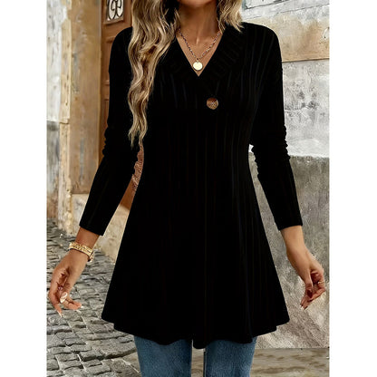 ✨👗Top casual de malha canelada com decote em V para mulher