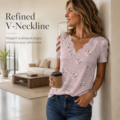 ✨👚Camisola feminina com decote em V recortado e estampado com corações