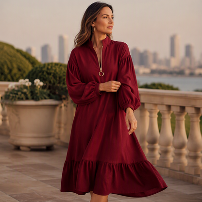 ✨👗Vestido feminino com gola alta, fecho de meio zíper e mangas em forma de lanterna