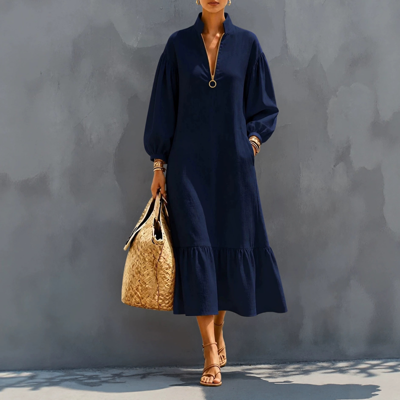 ✨👗Vestido feminino com gola alta, fecho de meio zíper e mangas em forma de lanterna