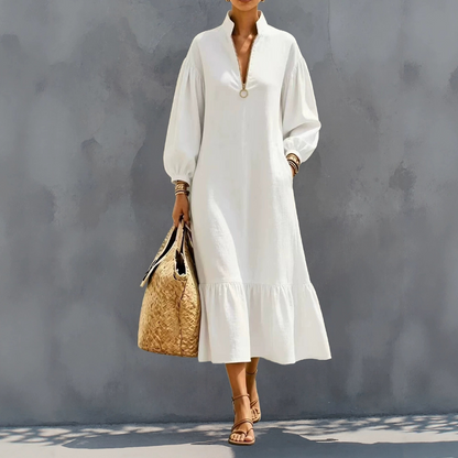 ✨👗Vestido feminino com gola alta, fecho de meio zíper e mangas em forma de lanterna