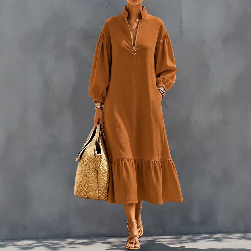 ✨👗Vestido feminino com gola alta, fecho de meio zíper e mangas em forma de lanterna