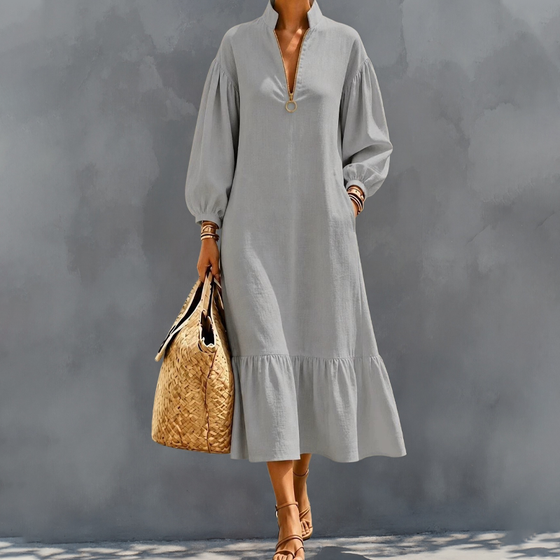 ✨👗Vestido feminino com gola alta, fecho de meio zíper e mangas em forma de lanterna