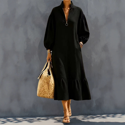 ✨👗Vestido feminino com gola alta, fecho de meio zíper e mangas em forma de lanterna