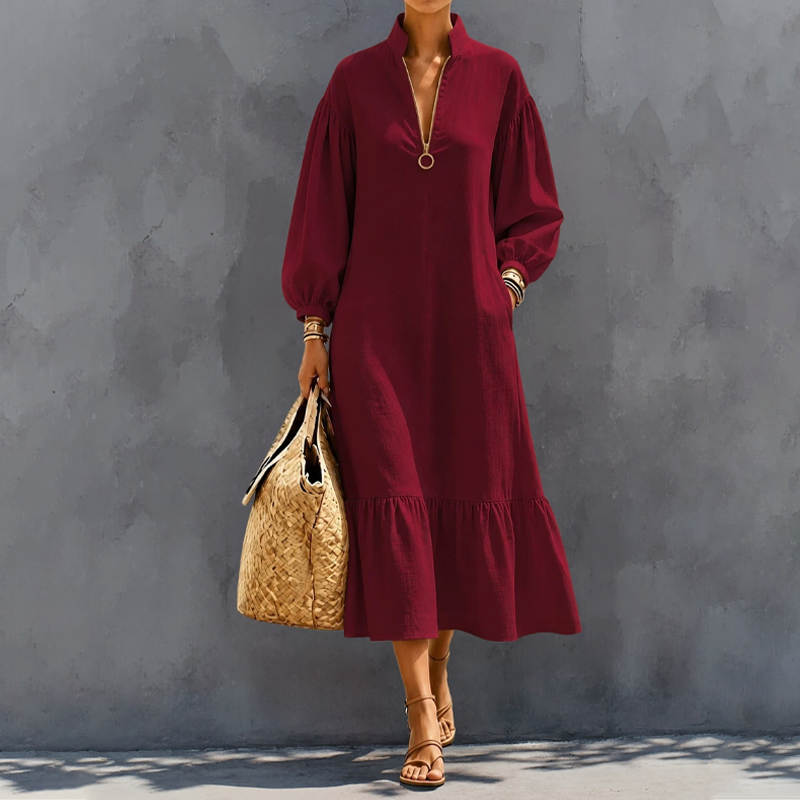 ✨👗Vestido feminino com gola alta, fecho de meio zíper e mangas em forma de lanterna