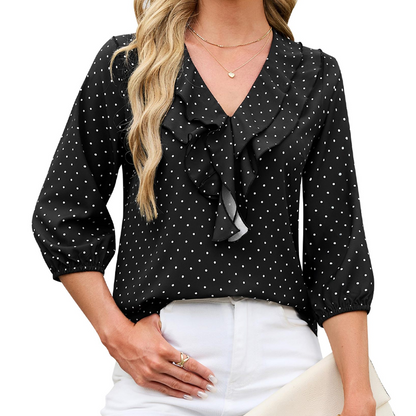 ✨👚Top feminino com babados, decote em V e mangas 3/4, com padrão de bolinhas