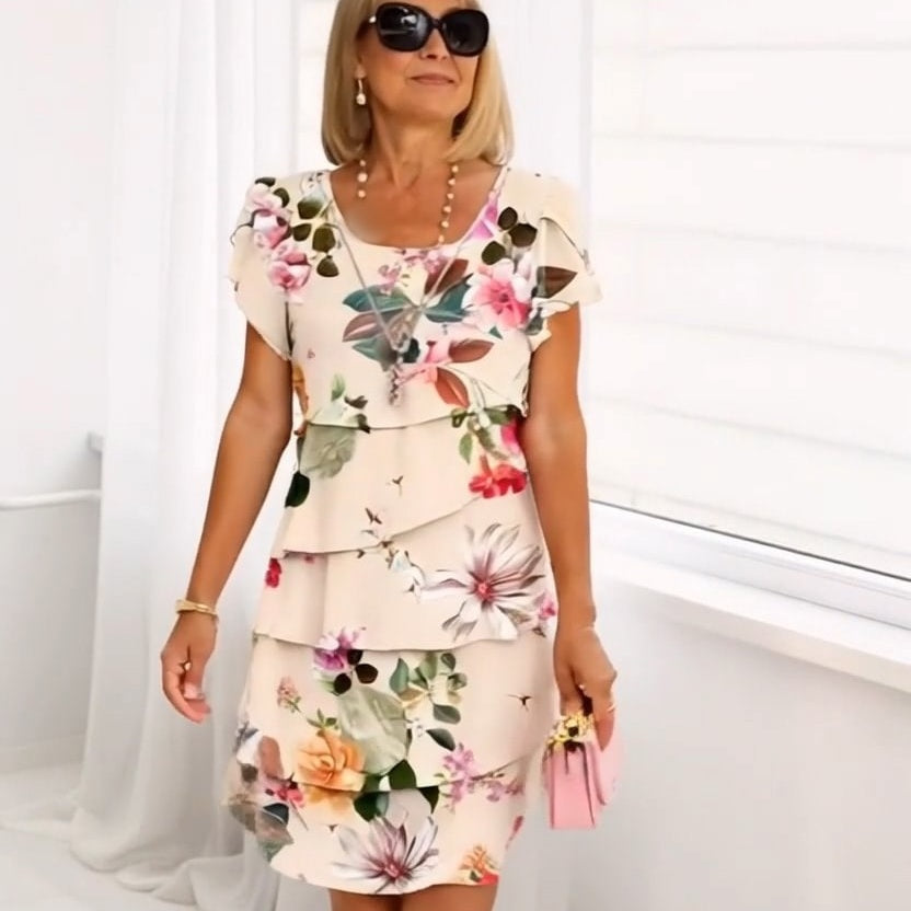 ✨👗Vestido em cascata com estampado floral de várias plantas