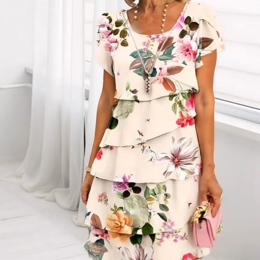 ✨👗Vestido em cascata com estampado floral de várias plantas