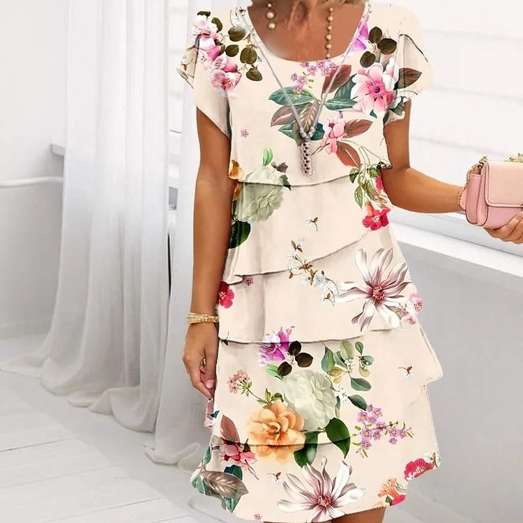 ✨👗Vestido em cascata com estampado floral de várias plantas