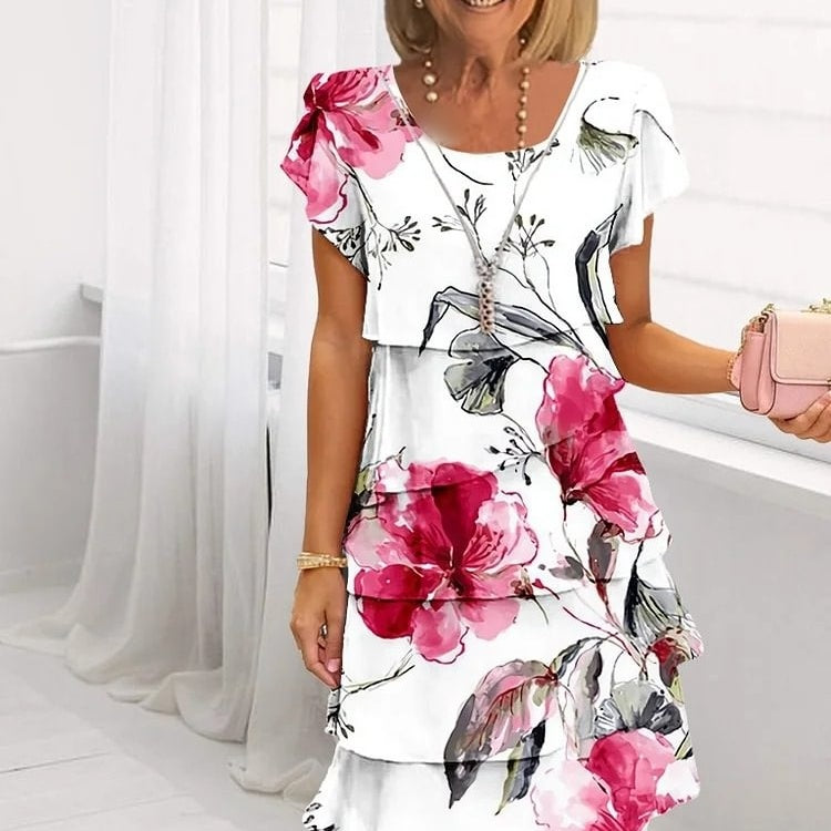 ✨👗Vestido em cascata com estampado floral de várias plantas