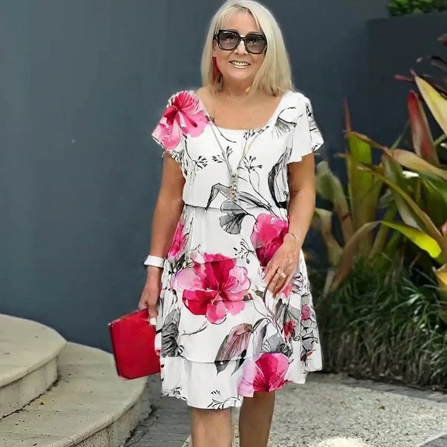 ✨👗Vestido em cascata com estampado floral de várias plantas