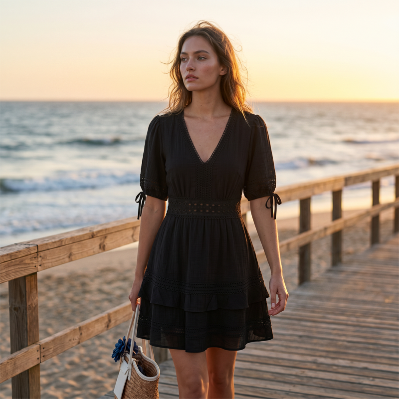 Women's V-Neck Lace Tiered Ruffle Dress