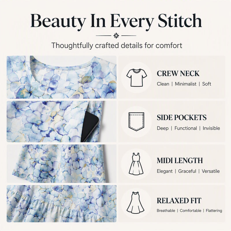 ✨👗 Vestido feminino de manga curta com estampado e bolsos