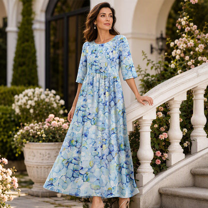 ✨👗 Vestido feminino de manga curta com estampado e bolsos