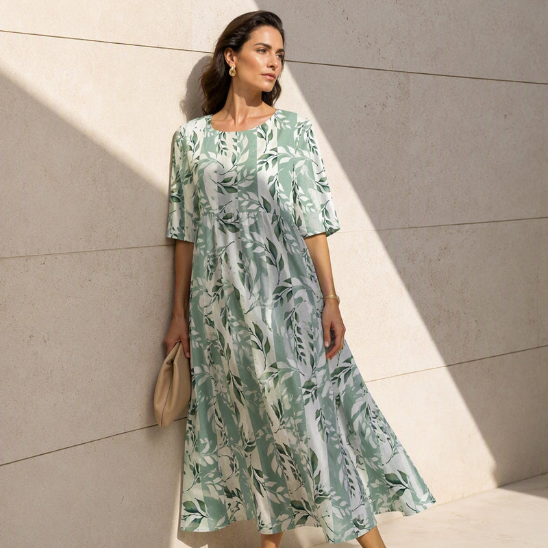 ✨👗 Vestido feminino de manga curta com estampado e bolsos